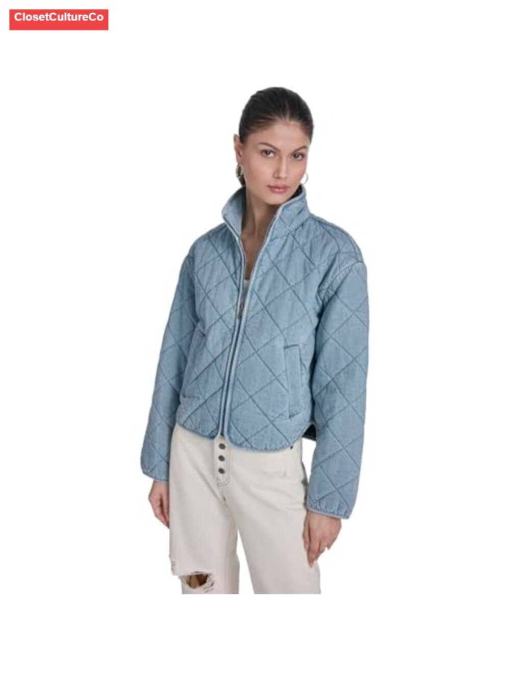 Quilted Cotton Lightweight Jacket Puff Sleeve Zip Front Stand Collar